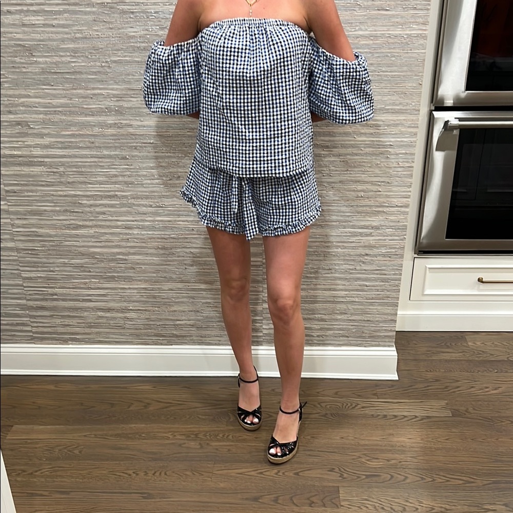 MISA Los Angeles Gingham Off-Shoulder Top and Shorts Set
